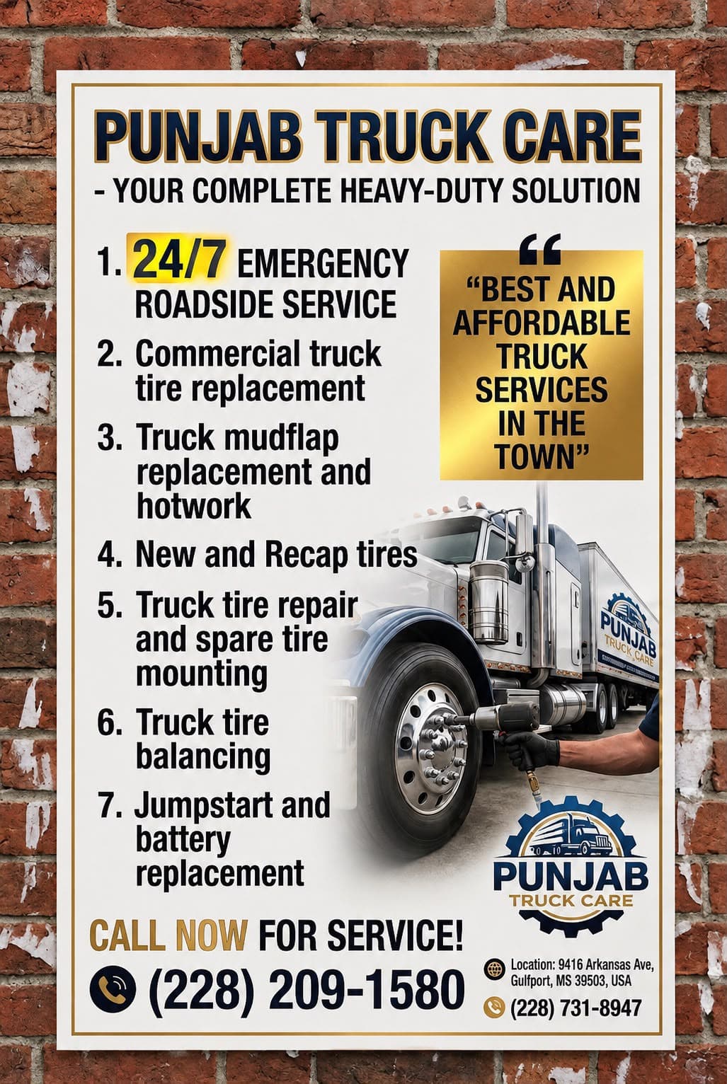 Punjab Truck Care and Roadside flyer listing heavy-duty truck services